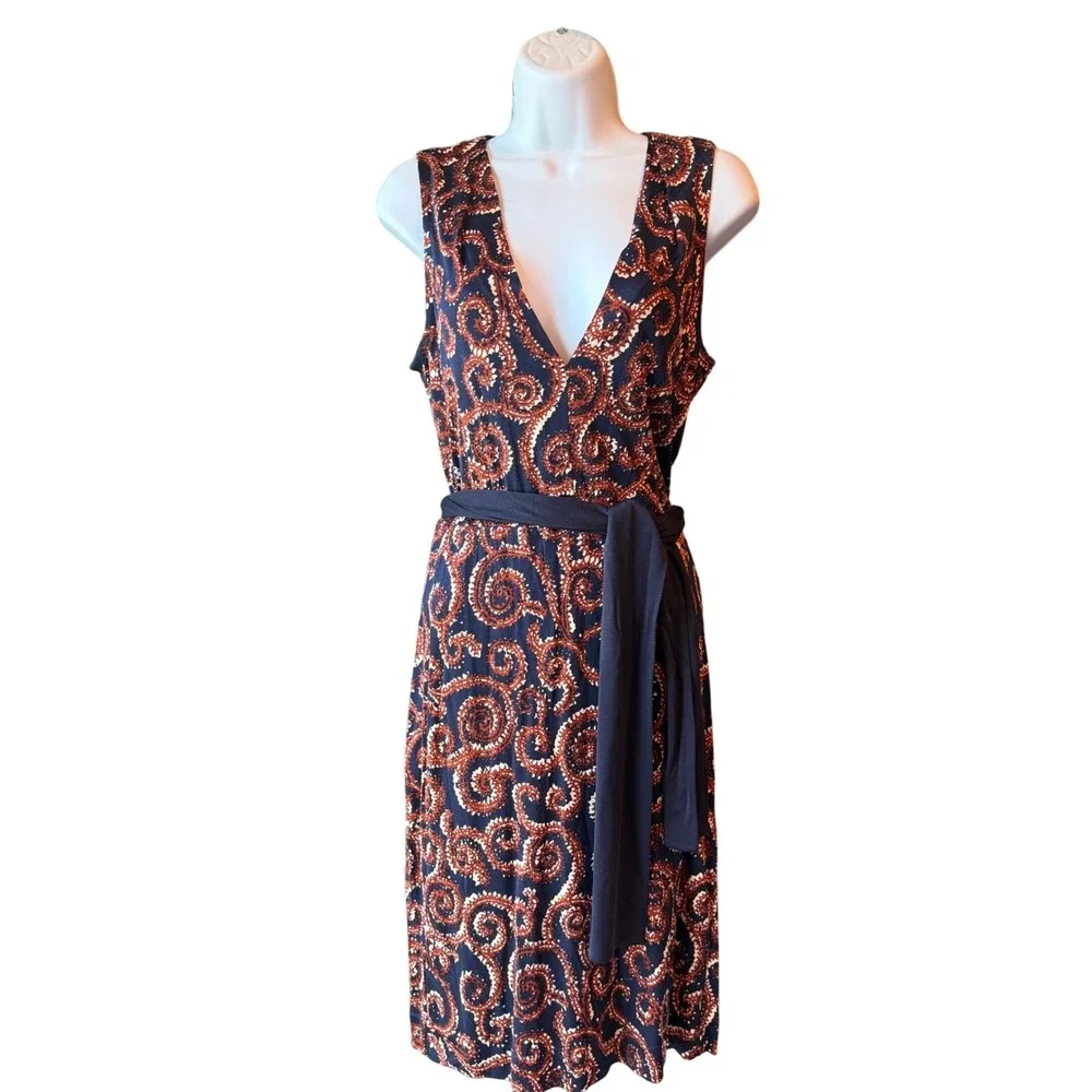 Tory Burch Silk Paisley Sheath Dress Size Medium Sleeveless Tie Waist Navy Rust